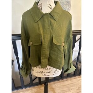 Love Tree Linen Cropped  Jacket Sz‎ L Green Chest Pockets NWOT